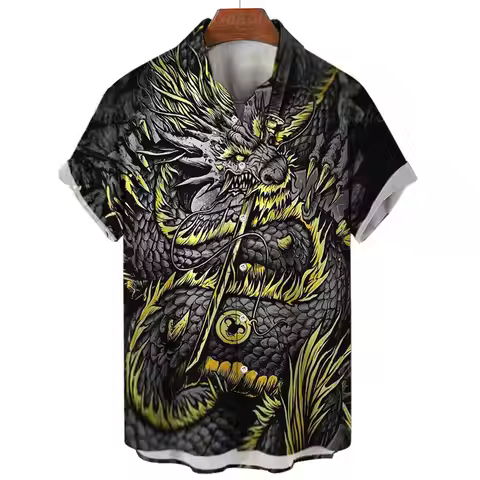 Men's Fashion Casual Short Sleeve Beach Shirts Full Print Dragon Pattern Hawaiian Shirt New In Butto