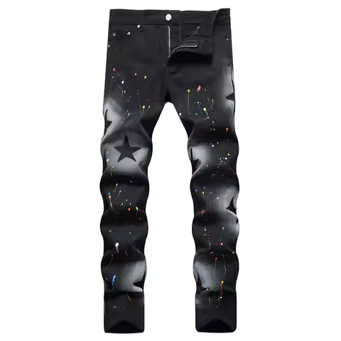 2024 Autumn New Mens Fashion Black Jeans Spray Painting Slim Straight Jeans High Quality Jean Homme 