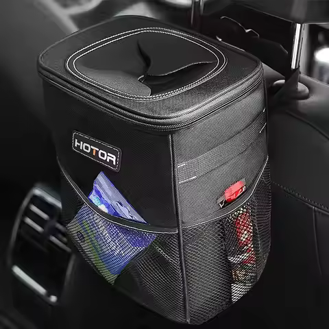Leak-Proof Car Trash Can with Lid & Storage Pockets, Waterproof Garbage Bin, 2 Gallons Black Organiz