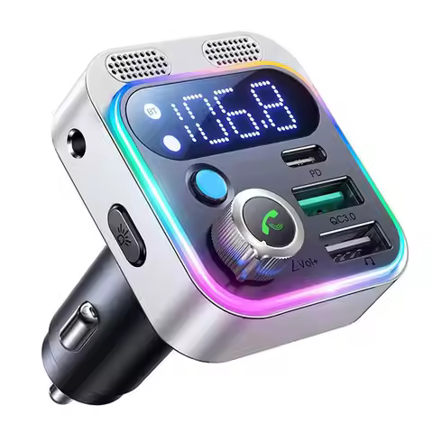 Car Bluetooth 5.3 FM Transmitter 48W Fast Car Charger Dual Mic Hands Free Calling AUX FM Adapter Bas