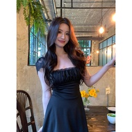 Coco Studio ฤดูร้อน ความปรารถนาอันบริสุทธิ์สไตล์ใหม่ ลูกไม้ Edge เอว ใน พรางหุ่น คอสี่เหลี่ยม เรียบห