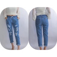 [Ready Stock]Women Ripped Jeans Harlem Pants Elastic Waist Seluar Denim Jeans Getah