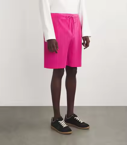 Miyake Pleated Homme Plisse Men's Shorts Mid Pants Belt Smart Casual Rose Red Pants