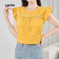 Casual Plain Jacquard Lace Ruffle Spring/Summer Yellow Blouse for Women L134ED448