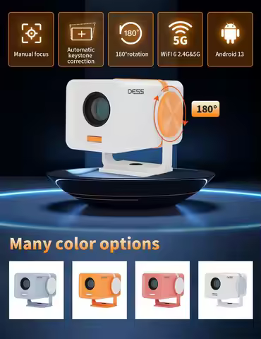 DESS Projector Android 13 Smart Vido Projector 180 ° Rotating Stand Auto Keystone Home Office Campin