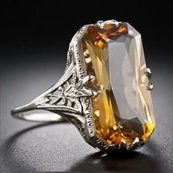 YVETTE Fashion Natural Citrine Jewelry Engagement 925 Sliver Ring Women Anniversary Gift Size 6-10 Vintage Wedding Band