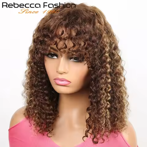 180D Pixie Short Cut Jerry Cruly Human Hair Wigs With Bangs Highlight Remy Curly Bob Wigs For Women 