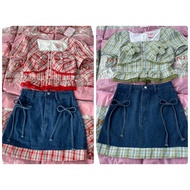 Jasmine (Size L)> Red/Green Plaid Set 3d Floral-Decorated Chest Shirt With Foam Pads Denim Skirt Wit