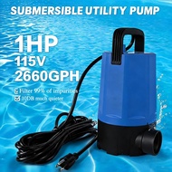 115V Submersible Utility Pump, 1HP 2660GPH aquarium water pump，Copper Wire Motor， Fish pump Portable