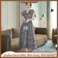 Ligáya 2024 summer new French retro V-neck cinched waist print long dress 21273