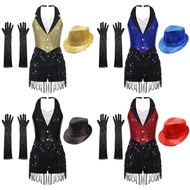 Women Disco Jazz Latin Dance Outfit Backless Sleeveless Sequins Fringe Jumpsuit Tassel Leotard Dress