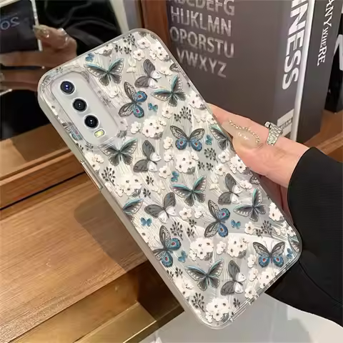 IMD Case For Vivo Y50 Y36 Y35 Y33 Y31 Y30 Y28 Y27 Y22 Y21 Y20 Cute Flowers Butterfly Pattern Feather