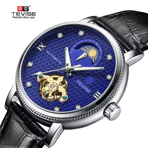 TEVISE Watch Men Automatic Mechanical Watch Tourbillon Moon Phase Leather Strap Luminous Casual Spor