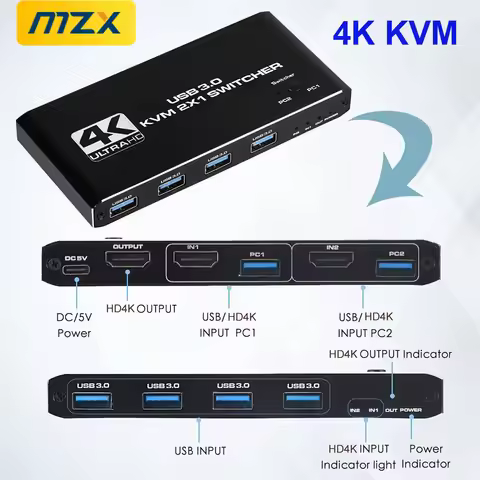MZX 2-In-1-Out KVM Switch 4K 60Hz HDMI-compatible USB 3.0 Hub Switcher Docking Station Dock Computer
