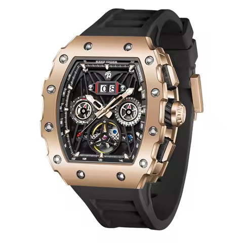 REEF TIGER Titan Rose Gold Tonneau Multifunctional Mechanical Watch For Men Tourbillon Design Waterp