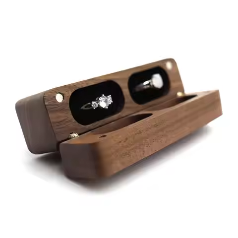 Gift Walnut Wood Ring Box 2-Slot Flip Cover Wedding Ring Case Rectangular Magnetic Cover Jewelry Dis