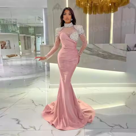 Elegant Pink Mermaid Women's Evening Dresses Customized High Neck Prom Gowns Long Sleeve Beaded Form