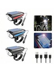 1入組太陽能充電自行車燈及大聲喇叭，防水戶外騎行自行車頭燈，適用於山地自行車和夜間騎行安全