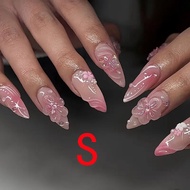 10Pcs Medium Press on Nails Almond Fake Nails with Design 3D Drip Gel Flower Glue on False Nails Fre