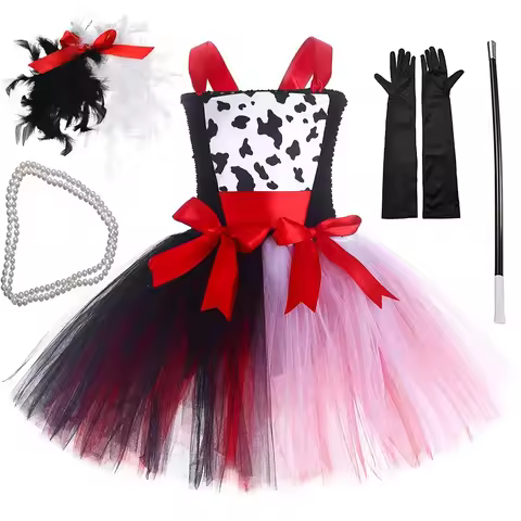 Girls Cruella Deville Costume Kids 101 Dalmatians Tutu Dress for Girls Halloween Party Black White D