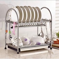 Ready Stock 304 Stainless Steel Dish Rack – Double Layer with 4 Hooks, 40cm/45cm/55cm Options, Durab
