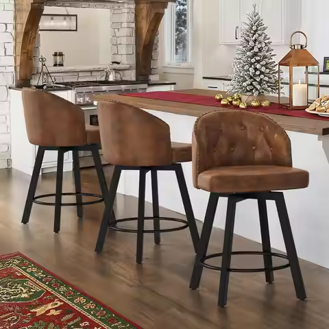 Set of 3, 26 Swivel Faux Leather Bar Stools with Backs, Metal Legs, for Kitchen Island, Dining, Pub,