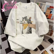 Cupids Funny Grumpy Cat Faux Embroidery Print Neutral Oversized Streetwear Casual