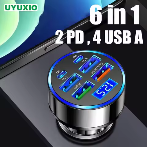 UYUXIO Multi Port USB C Car Charger Adapter Dual PD 6 in 1 with Volt Meter Super Fast Charge with Vo