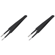 2X Anti-Static Flat Square Tip Stainless Steel Straight Tweezers 4.7 Inch Long Black