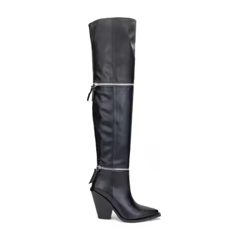Brand Women Dark Gothic Style Cool Pull Over Knee Long Boots Wrinkled Lazy Metal Zipper Decoration R