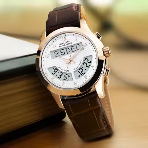 Muslim Azan Watch Islamic Qibla Clock with Prayer Alram Hijri Calendar Compass and Genuine Leather S