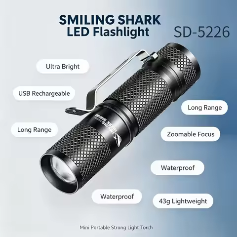 SMILING SHARK LED Flashlight USB Rechargeable Strong Light Torch Ultra Bright Long Range Mini Portab