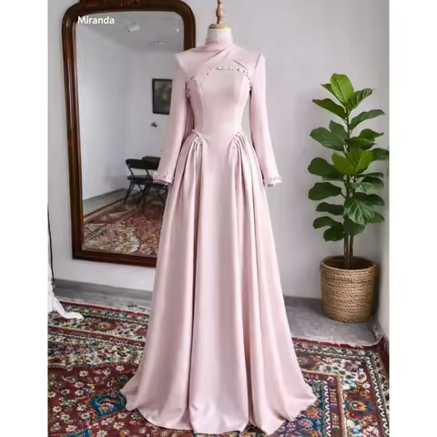 Miranda Customize Dusty Pink Satin Wedding Dress High Neck Long Sleeve Beaded Evening Dress A‑Line F