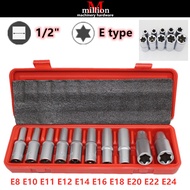 10pcs 1/2"x78mm CR-V E Type Torx Star Box Socket Set E8-E24 Auto Repair Tools