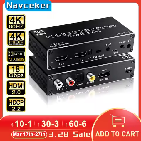 Navceker 2x1 HDMI 2.0 Switch 4K 60Hz HDMI Switch Support 3D,ARC & Optical Toslink HDR Switcher Switc