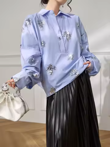 Korean Style Blue Sequin Polo Collar Shirt for Women Loose Fit Office Wear Chic Elegant Blouse Work 