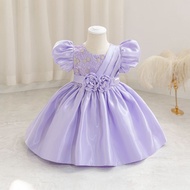 Girls Baptism Dress Children Puff Sleeve Satin Dress Big Flower Flower Girl Puff Skirt Wedding Party