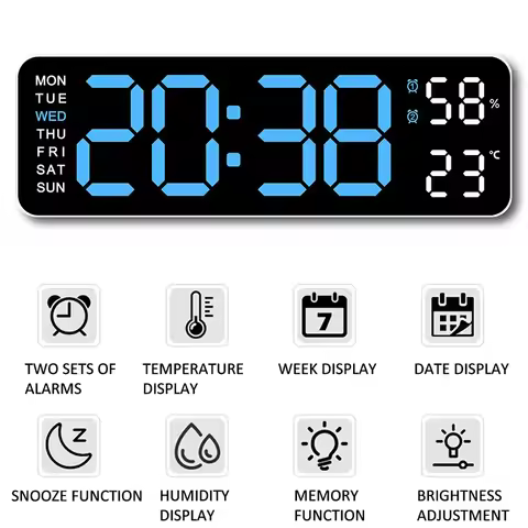 LED Digital Wall Clock Date Time Week Temperature Humidity Display Brightness Adjustable 2-Alarm Ele
