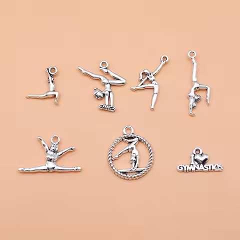 7pcs Antique Silver Color Gymnastics Charms Collection For DIY Jewelry Making, 7 Styles, 1 of Each