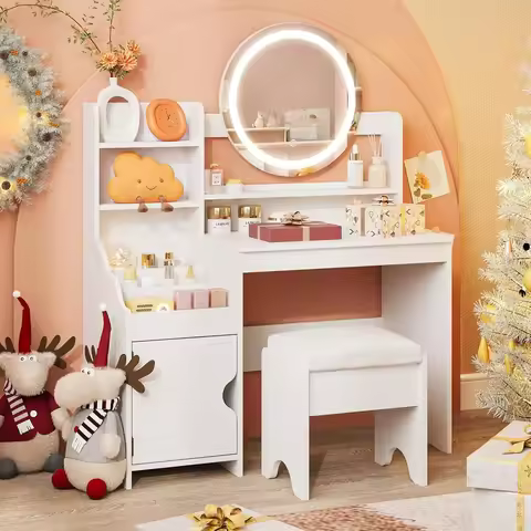 Kids Vanity with Lights, Princess Makeup Vanity Desk with Open Bookshelf, Storage Cabinet & Shelves,