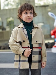 SHEIN 男小童休閒紳士學院經典翻領和鈕扣街頭風格紋圖案花呢外套,適合適用於秋天和冬天