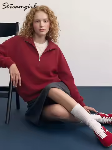 Red Quarter Zip Sweater Women Brown Autumn Loose Pullovers With Zippers For Women Outwear Oversized 
