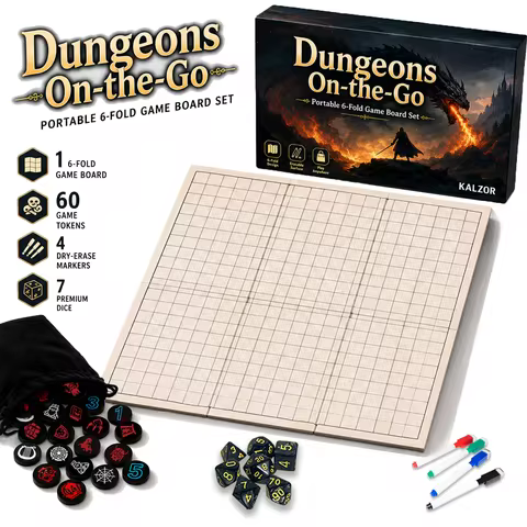 Deluxe Portable RPG Adventure Game Kit, 6-Fold Double-Sided Battle Map Board, 60pcs Premium Tokens, 