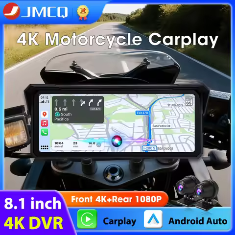 8.1" Motorcycle Carplay GPS Navigation DVR 4K+1080P Dual Lens IPX7 Waterproof Display Wireless CarPl