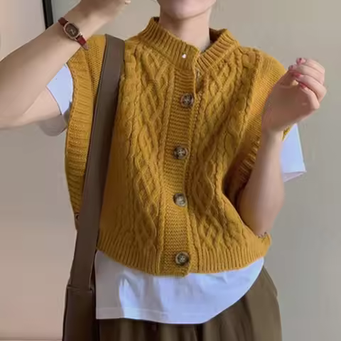 Loose Cable Knit Vest for Women Button Down Crew-Neck Sleeveless Crop Sweater Waistcoat Spring Summe