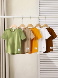 男童夏季短袖針織圓領T卹，馬卡龍色彩短袖上衣五件套裝，每種顏色一件