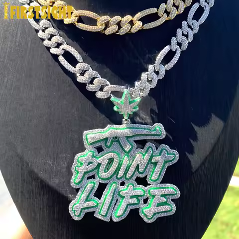 New Iced Out Bling Hip Hop CZ Letter Point Life Pendant Necklace Zircon Fluorescenc AK47 Guns Charm 