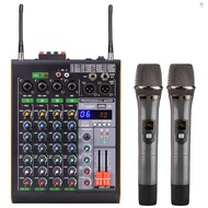 FLS Professional 4-Channel BT Audio Mixer with 2 Wireless Microphones LED Digital Mixing Console Built-in Amplifier with USB Connection 3-Band EQ Reverb Adjustment DSP Recording Fu