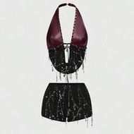 Y2K Baddie Music Festival Outfit Metal Cross Pendant PU Patchwork Fishnet Beaded Halter Backless Wom