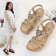 Sepatu Wanita Beading Wedges Soft Sandal Comfortable Dinner Women's High Heel Shoes